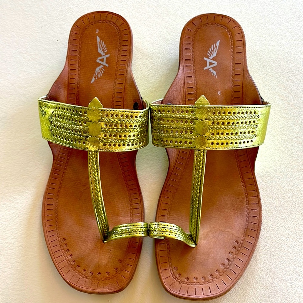 Green metallic 100% leather sandals, size 39